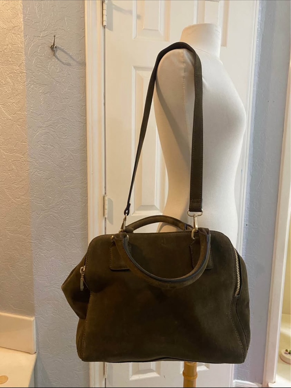 Zara Suede Olive Green Structured Shoulder Bag - Picture 2 of 8